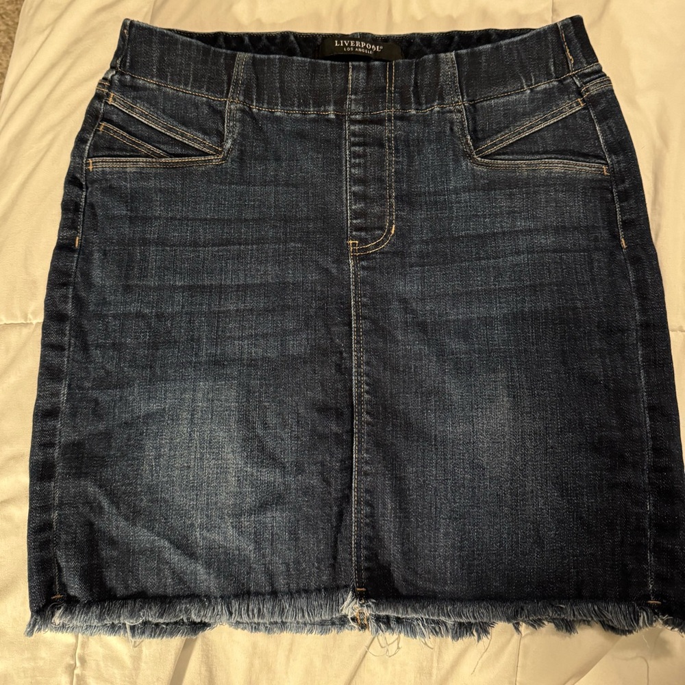 Liverpool Josette Cat Eye Pocket Pull On Denim Skirt with Frayed hem Size 4/27